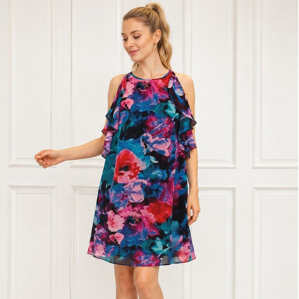 NWT Tahari Arthur S. Levine Ruffle Floral Multicolor Dress